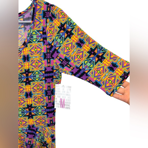 Lularoe Nicole Geometric Printed Midi Dress Size M Yellow Purple Short Sleeves - Picture 3 of 10